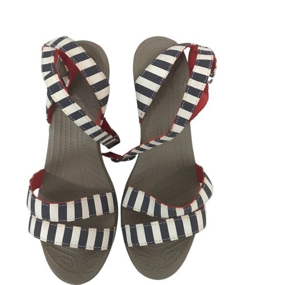 Crocs Leigh Wedge Sandals Ankle Strappy White Blue Striped Women’s Size 9 - Picture 5 of 8